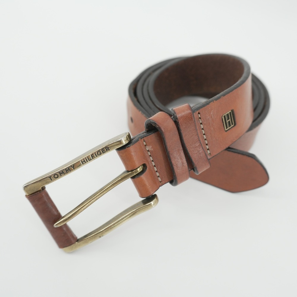 Tommy Hilfiger Belt Mens 38 40 Brown Leather Brass Buckle Casual Flag Logo